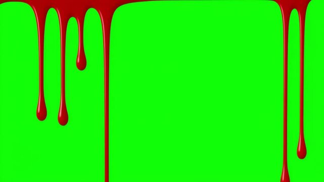 Dark red blood drips on green screen and transparent background. Liquid flowing down the surface in streams, melting drops create streaks. 3D animation. Chroma key, alpha channel