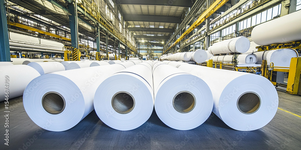 Poster large rolls of white paper stored in a manufacturing facility generative ai