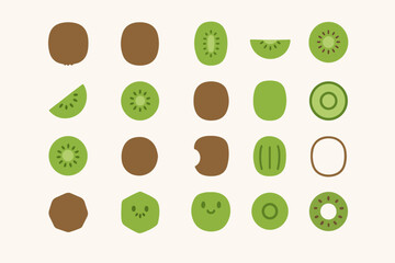 Collection of Kiwi Fruit Illustrations Whole Sliced and Abstract Representations on a Cream Background Perfect for Food Blogs Recipe Cards and Creative Designs with a