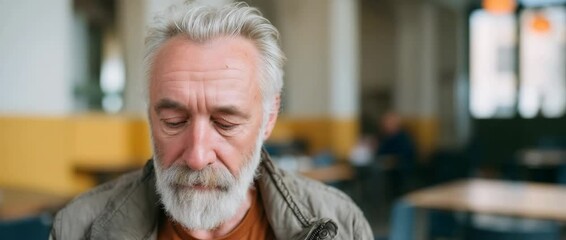 Elderly man deep in thought sitting at a cafe - Powered by Adobe