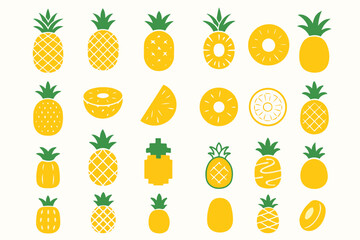 A vibrant and playful illustration showcasing a variety of pineapple designs including whole sliced and stylized versions arranged in a grid on a clean white