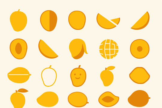 A collection of mango illustrations featuring various styles including whole fruits sliced portions and abstract representations all in a warm yellow color palette on a
