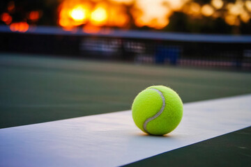 Tennis ball resting on court with sunset in the background Generative AI