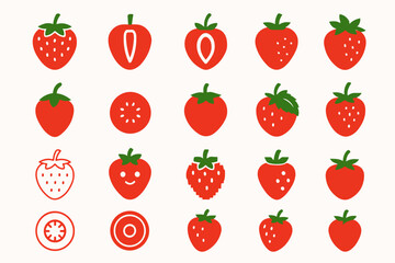 A Collection of Stylized Strawberry Illustrations A Variety of Red and Green Strawberry Designs on a White Background Including Whole Cut and Pixelated Versions with