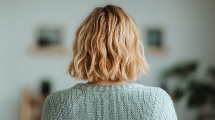 A stylish young woman with wavy blonde hair is captured from the back, showcasing her trendy haircut, symbolizing modernity, self-expression, and individuality in fashion.