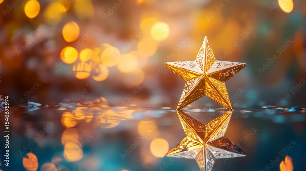 Poster golden star ornament reflecting on a shiny surface with bokeh lights.