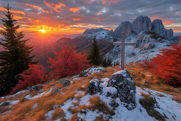 Cross against divine sunrise