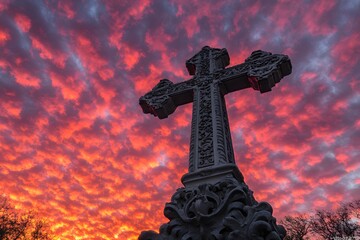 Ornate cross against twilight sky