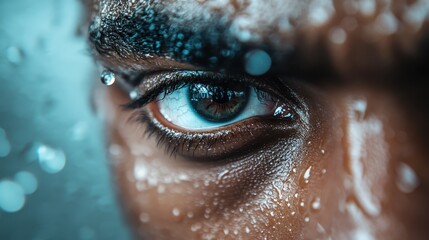 An intense close-up of an eye glistening with water droplets, symbolizing depth and emotion, showing the beauty of human expression and vulnerability.