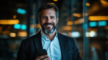 Fototapeta premium A charismatic man smiles warmly while holding a smartphone, exuding confidence and professionalism in a contemporary, corporate environment that suggests success and opportunity.