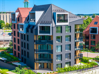 New modern residential building district Piliamiestis in Kaunas with modern facades. Aerial drone view photo.