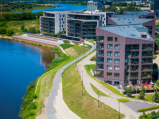 New modern residential building district Piliamiestis in Kaunas with modern facades. Aerial drone view photo.