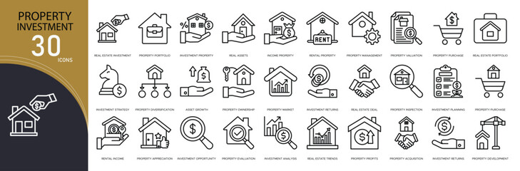 Property investment related icon collections. Containing house, dollar, rent, buy, location, ROI, building, mortgage, deal, and real estate icons. Outline icons.