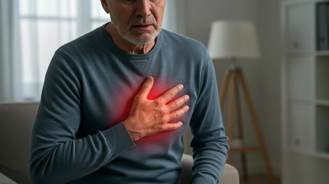 White mature male experiencing chest pain, sitting indoors and holding chest with hand, red glow highlighting heart area suggesting cardiovascular issue.