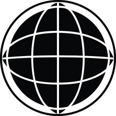 black and white globe icon vector illustration with circular grid lines, perfect for internet, global network, or web interface design