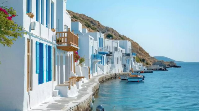 Explore beautiful Plaka village on Milos island with stunning waterfront views and charming architecture, Milos island Plaka village travel landscape Greek white houses and blue sea