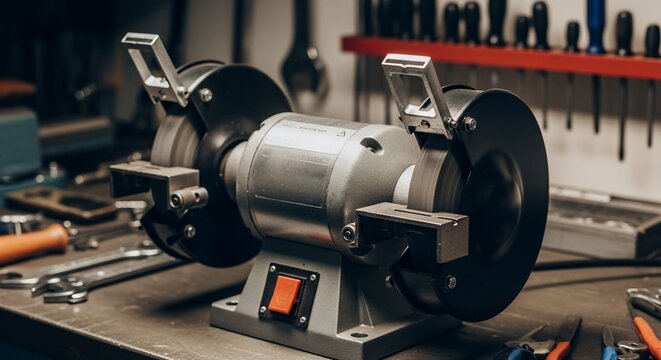 Close-up of a bench grinder in a workshop, showcasing industrial machinery - Powered by Adobe