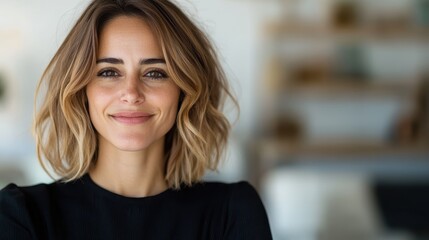 This cheerful woman with lovely blonde hair smiles radiantly at the camera, representing warmth, joy, and connection, capturing a moment of happiness in everyday life.