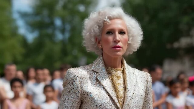 Confident woman with white hair commands attention in outdoor crowd setting