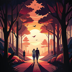 Romantic Couple Walking into Sunset in Forest Landscape