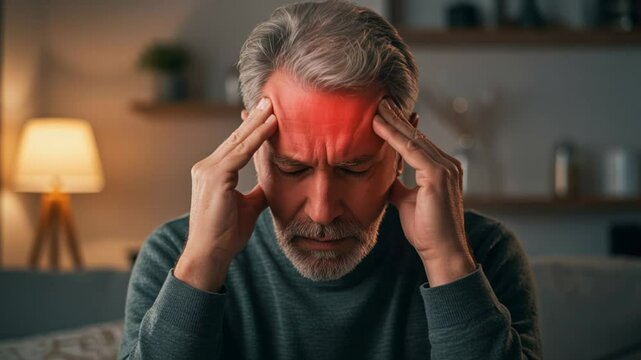 White mature male with gray hair and beard suffering from strong headache or migraine, sitting at home, holding head with hands, red glow on forehead