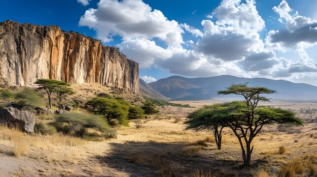 Panoramic landscape of the dramatic escarpment cliffs in Kerio Valley