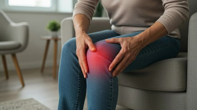 White mature female sitting on sofa in modern living room, wearing casual clothes, holding painful knee with hands, red glow indicating joint pain or arthritis.
