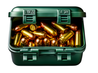 Green ammunition box with bullets, top view laid on white background, isolated to transparent background