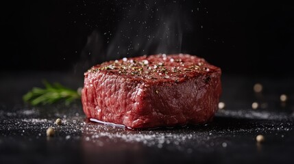 A freshly cooked piece of steak sizzles with spice, herb seasoning and moisture, showcasing culinary art that appeals to food lovers and chefs alike with its impeccable presentation.