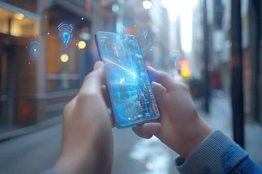 Smartphone displaying augmented reality view of city street