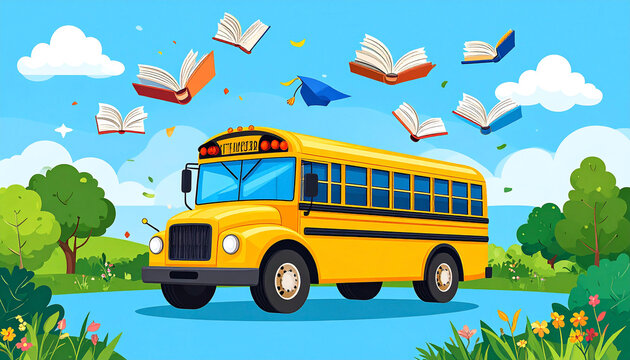 A cheerful yellow school bus sits amidst a vibrant landscape of green trees and flowers, with open books and graduation caps playfully floating in the bright blue sky