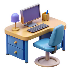 Modern Home Office Setup Desk, Chair, and Computer 3D Render