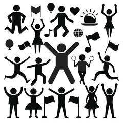Diverse People and Celebration Icons Set - Black and White Figures