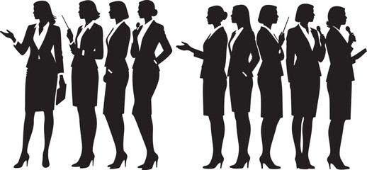 A powerful silhouette image of five professional women in business attire, likely at a conference or presentation.