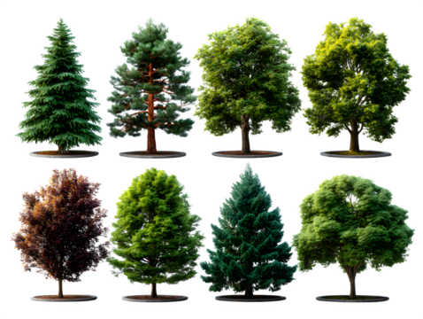 High-quality set of trees in various shapes and sizes, including pines and deciduous types, positioned cleanly over white background, isolated to transparent background