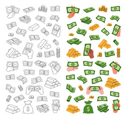 Money in vertical banner. Flying cash, green banknotes, stack of money, dollar bills, gold coins and bars. Money investment and business concept.