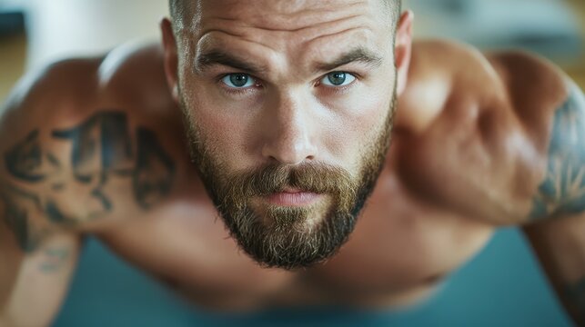 A focused and muscular man performing push-ups in a gym, illustrating strength, fitness goals, and the dedication required for a healthy lifestyle. - Powered by Adobe