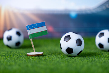 Uzbekistan flag and soccer balls on green grass, symbolizing national pride, team spirit, and global sports competition in a stadium