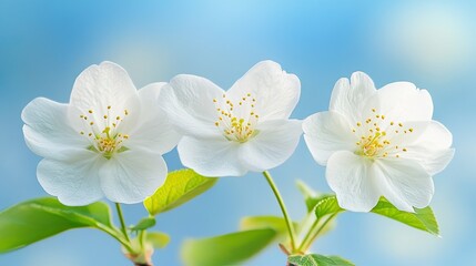 Obraz premium Three delicate white blossoms against a soft blue sky.