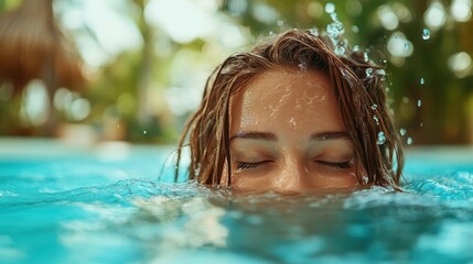 This image captures a moment of tranquility as a young woman relaxes with her eyes closed, submerged in a clear blue pool surrounded by lush greenery, evoking peace and serenity.