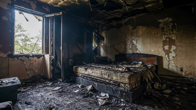 Burnt bedroom interior after house fire disaster with collapsed ceiling, charred mattress, soot-stained walls, open closet door and scattered debris.
