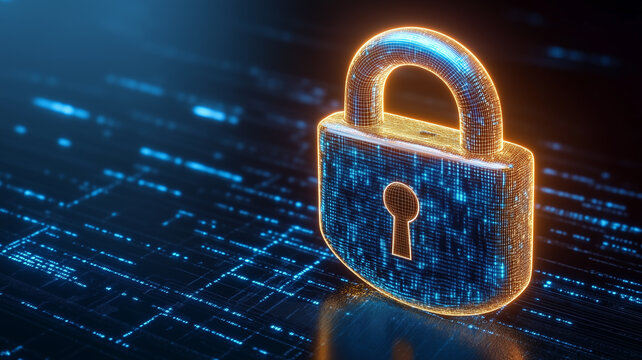 Glowing Digital Padlock Securing Data Networks in a Futuristic Cityscape, Illustrating Cyber Defense and Encryption Protection.
