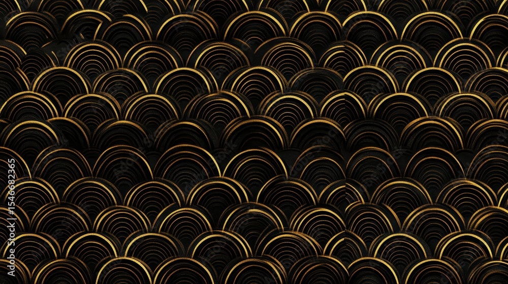 Poster Abstract gold and black overlapping semi-circles pattern.
