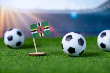 Dominica's national flag with soccer balls on a green football pitch, symbolizing international sports competition and national pride in stadium