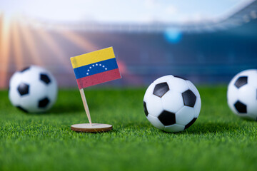 Small Venezuelan national flag stands prominently on a green football pitch, surrounded by miniature soccer balls, symbolizing national pride and international athletic events