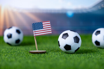 Miniature American flag on lush green grass with soccer balls, representing national pride and...
