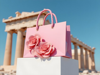 pink shopping bag, large greek temple faca
classical architecture, iconic historical
andmark, sunny day, blue sky, rose flower
decoration, elegant feminine style, high qua