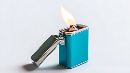 A turquoise lighter with a flame on a white surface.
