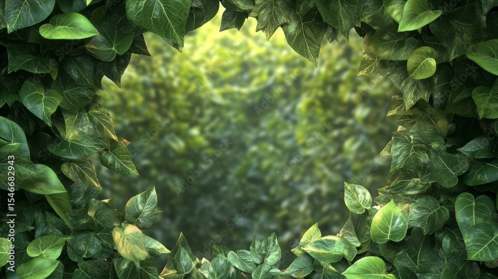Poster lush green leaves create a heart-shaped frame around a blurred natural background.