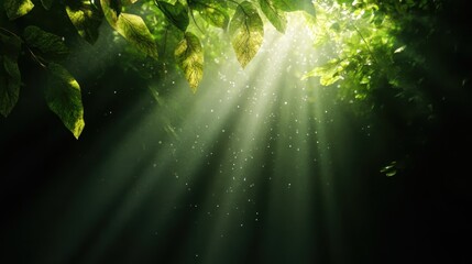 Naklejka premium This enchanting image captures sun rays penetrating through lush green foliage, creating a magical and serene atmosphere within a tranquil forest setting.